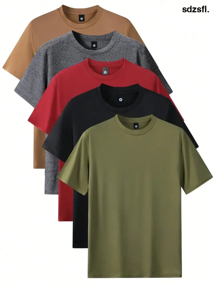5pcs Men’s Regular Fit Short Sleeve T-Shirts Solid Color Basic Casual Sports Lightweight Tops Tee - Men Tops