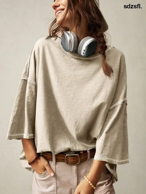 Bohemela Casual Solid Color Knit Round Neck 3/4 Sleeve Loose Washed T-Shirt Boho - T-Shirts