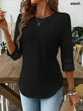 EMERY ROSE Women Solid Color Casual Crew Neck Hollow Out Sleeve Tee Graphic Tees Women Tops - T-Shirts
