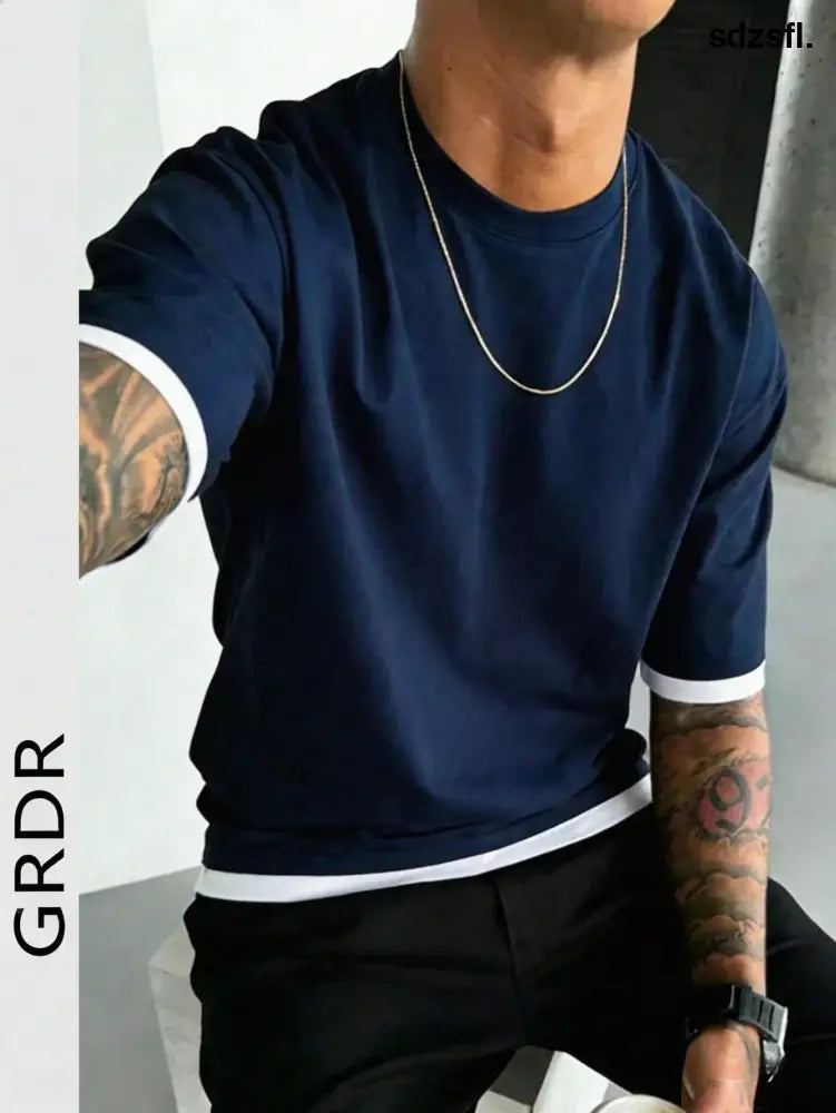 GRDR Men’s Classic 2 In 1 Round Neck Short Sleeve T-Shirt Fashionable Minimalist Commuting Versatile - Men Tops
