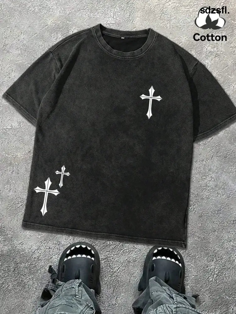 Hemo Men’s Round Neck Short Sleeve Simple Commuter Top Casual Daily Cross Print Distressed Print T-Shirt - Men Tops