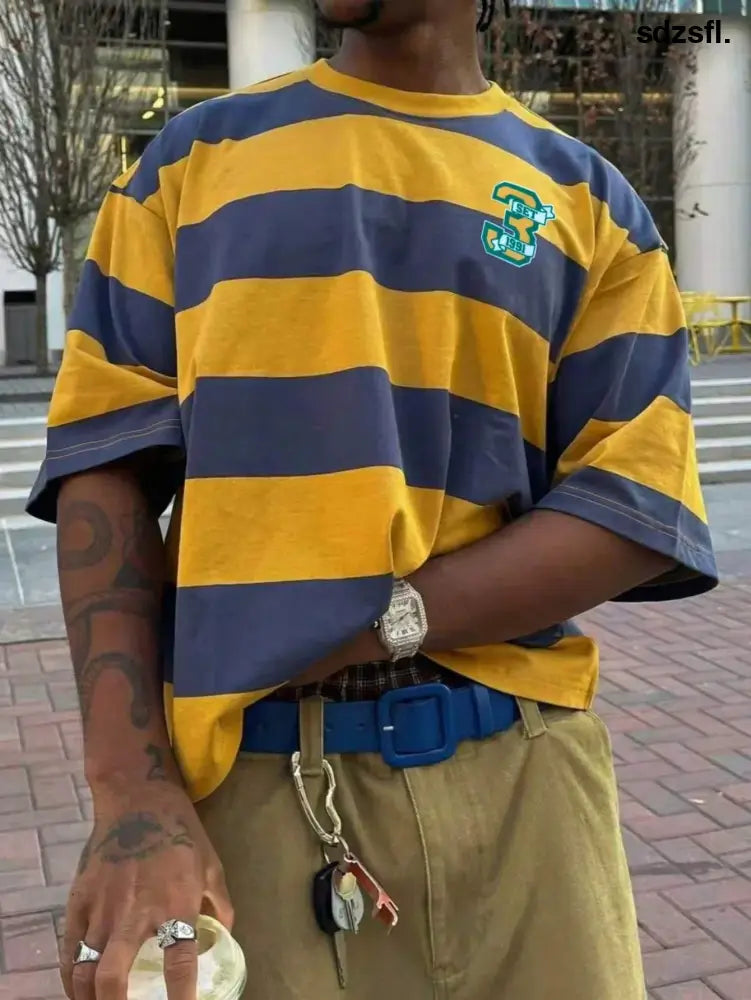 Men’s Retro American Style Colorblock Wide Stripe Clean Fit Dropped Shoulder Short Sleeve T-Shirt College Style - Men