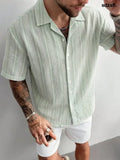 Men’s Slim Fit Linen-Like Striped Shirt Minimalist Stylish Mandarin Collar Top Fashionable & Refreshing For Summer Wear