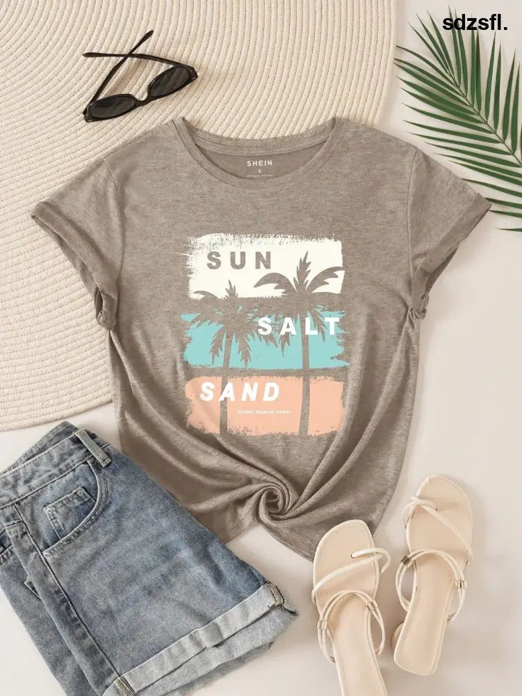 Resyla Women’s Summer Palm Tree & Letter Print Crew Neck Short Sleeve Casual T-Shirt SUN SALT SAND SEASIDE PARADISE