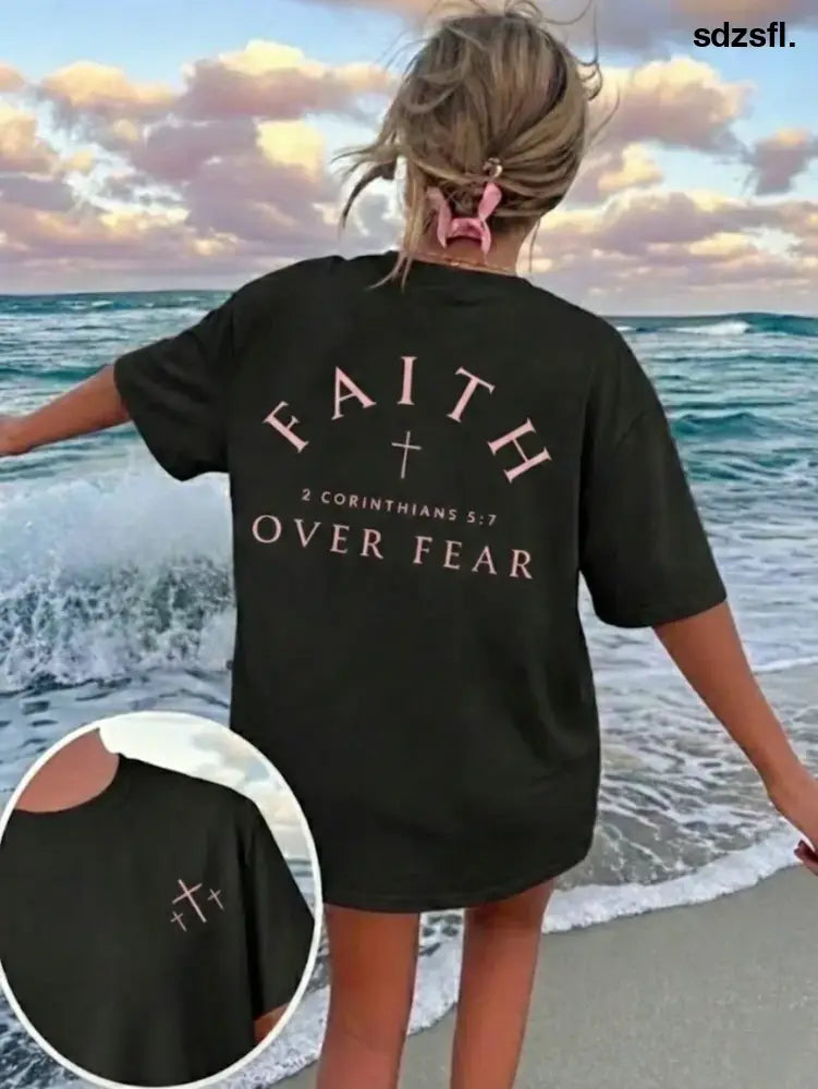Standard ’Faith Overcomes Fear’ Christian Inspirational Graphic T-Shirt Comfortable 2026 Casual Short Sleeve Crew Neck