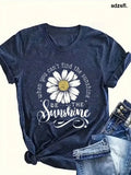Women’s Cotton Blend T Shirt Short Sleeved Soft Loose Fit Daisy Print T Shirt With ’Be The Sunshine’ Quote Lightweight